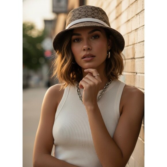 Vtg Y2K Coach Signature Brown Bucket Hat | Preppy Grunge Coastal Grandmother P/S - Picture 1 of 15